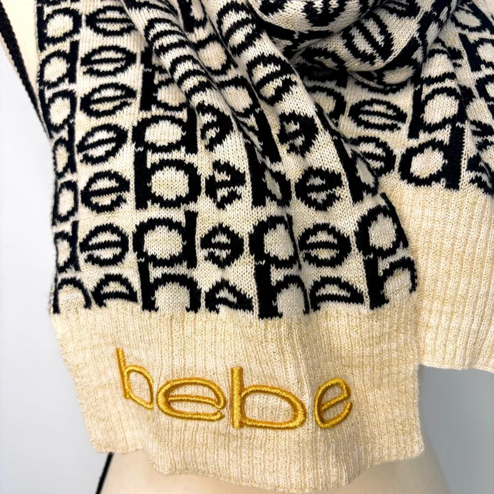 Bebe Y2K‎ Black, Cream & Metallic Gold Logo Scarf Warm Knit Scarf